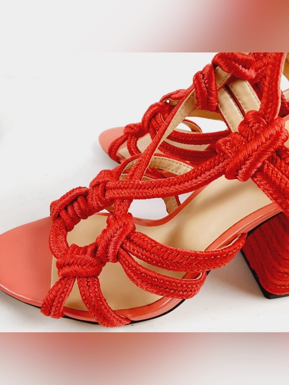CAbi Tiptoe Sandals Sz 9 M Red Ankle Strap Block Heel Open Toe Knot - Picture 6 of 11